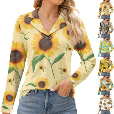 Women's Fashion Leisure Long Sleeve V Neck  Flower Printing  Top