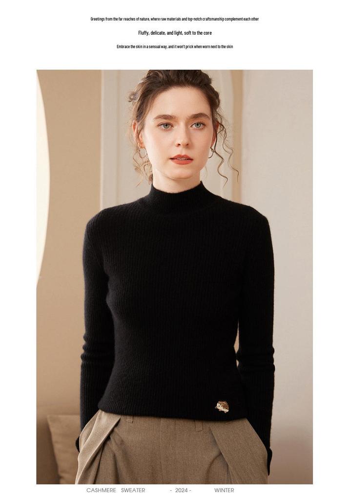 Women's 2024 Autumn/Winter Striped Embroidered Cashmere Knit Top - Long Sleeve, Half-High Neck, Soft Inner Layer
