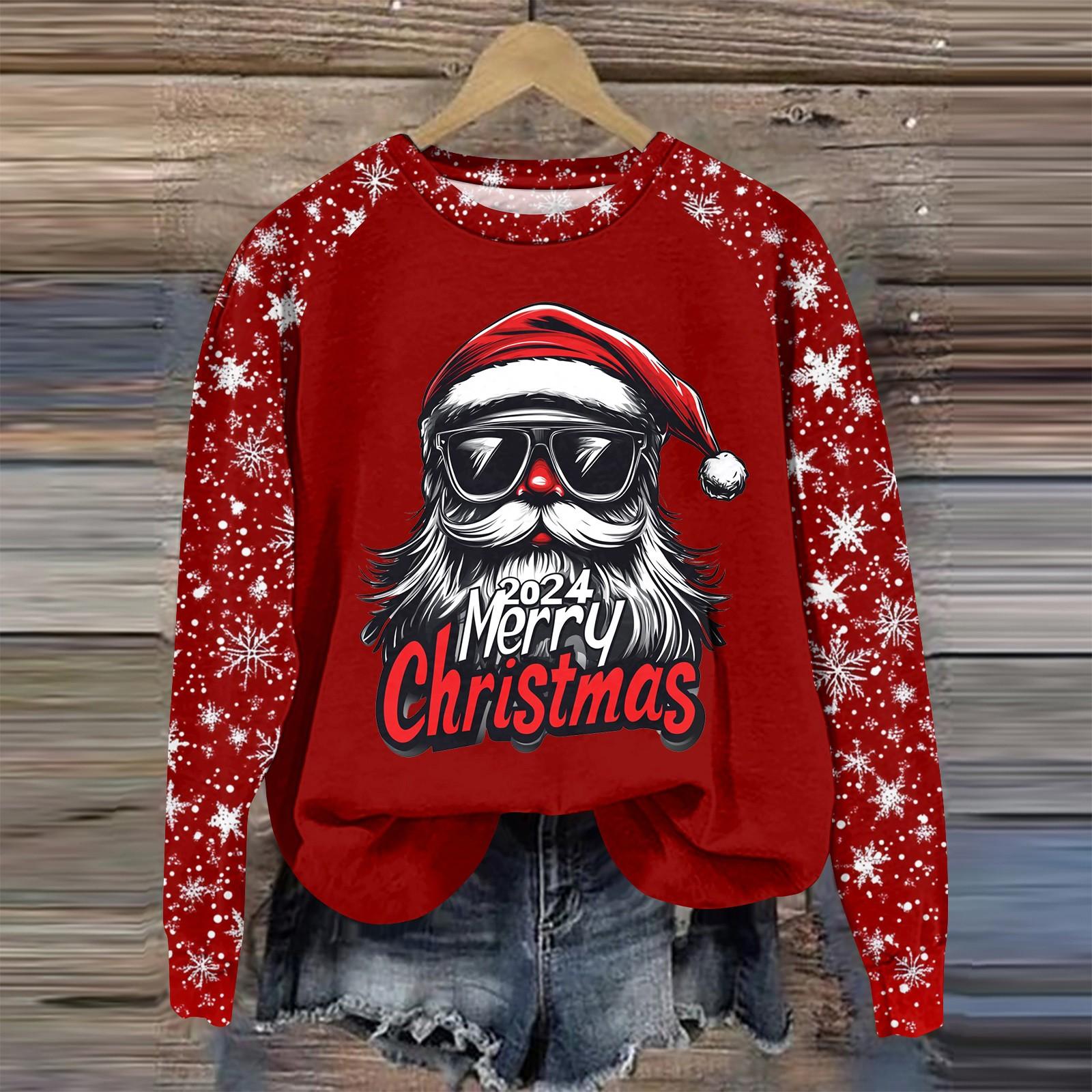 

Женская мода круглый вырез пуловер с глубокими рукавами футболка с рождественским принтом топ XXL красный