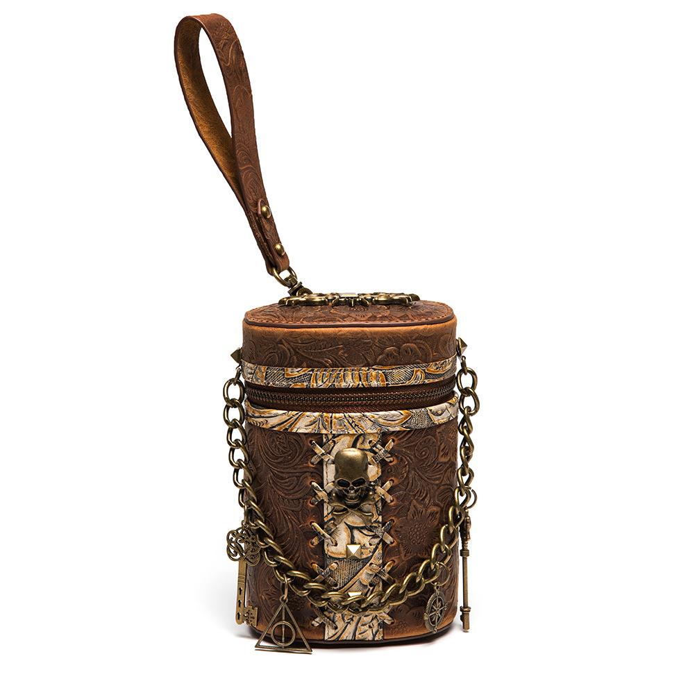 Johnature Retro Cowhide Bucket Bag Steampunk Rivet Chain Genuine Leather Women Hand Bag Fashion Small Shoulder Bags
