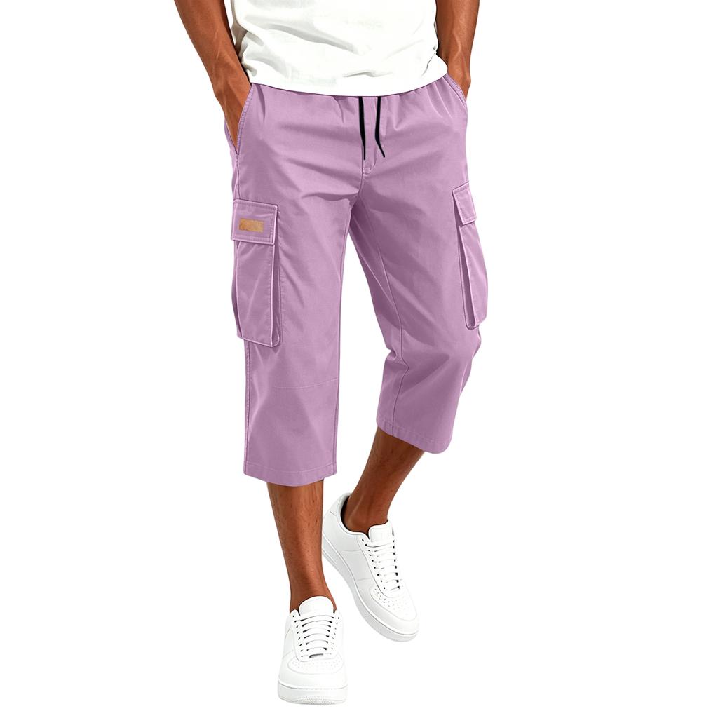 Men's Cargo Drawstring Pants Casual Multi Pocket Capri Work Trousers Lightweight Breathable Outdoor Utility Pants for Daily Wear