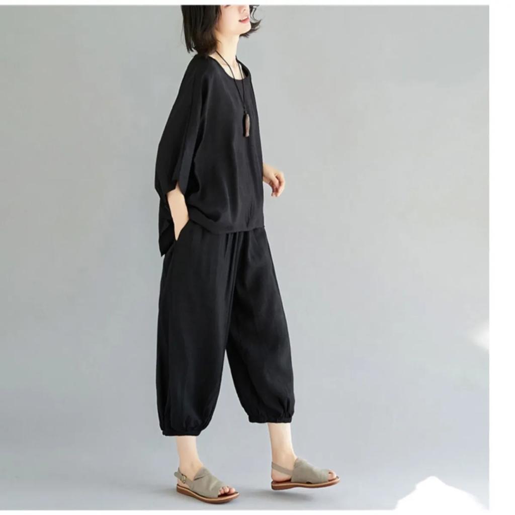 Women's Summer Casual Suit Short-sleeved Round Neck T-shirt + Loose Pants Solid Color Two-piece Set