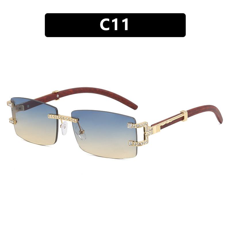 Unisex Rectangle Rimless Women Wood Leg Luxury Brand Designer Trendy Retro Frameless Sun Glasses UV400