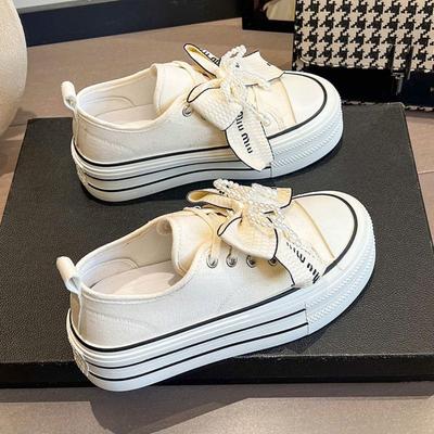 2025 New Arrival Korean Style Women's Bowknot Canvas Sneakers Chunky Platform Sole Design Heightening Casual White Shoes