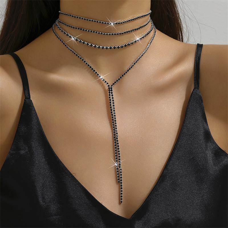 Multi-Row Rhinestone Long Tassel Necklace for Women Light Luxury Elegant Black Crystal Chain Necklace Aesthetic Jewelry Gifts