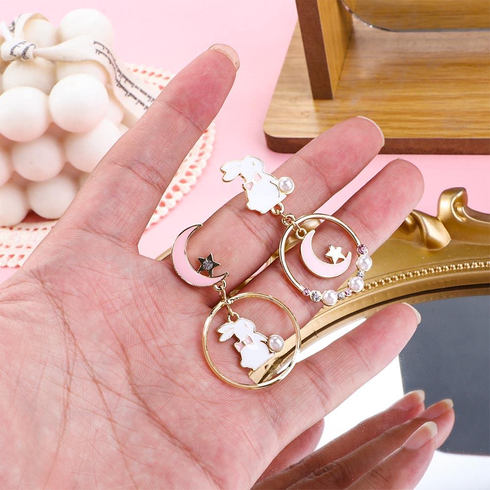 Personality Ins Pink Girl Moon Rabbit Drop Earrings Anti Allergy Enamel Asymmetric Earrings