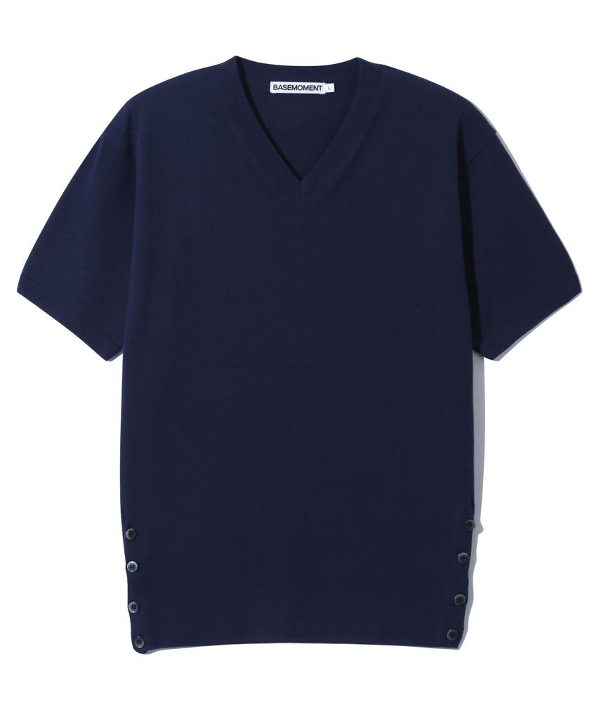 BASEMOMENT Side Slit V-Neck Half Knit Navy