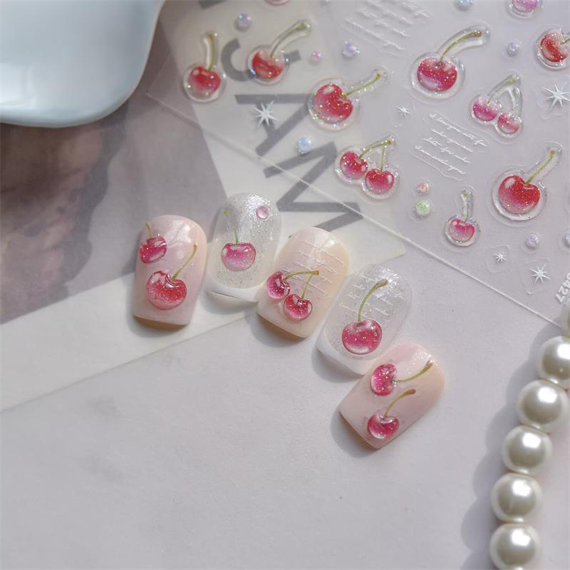 Süßer Gelee Rote Kirsche Nagelkunst Aufkleber Prägung Mädchen Frauen Selbstklebend Nagelaufkleber Neujahr Weihnachten Maniküre Abziehbilder Geschenk