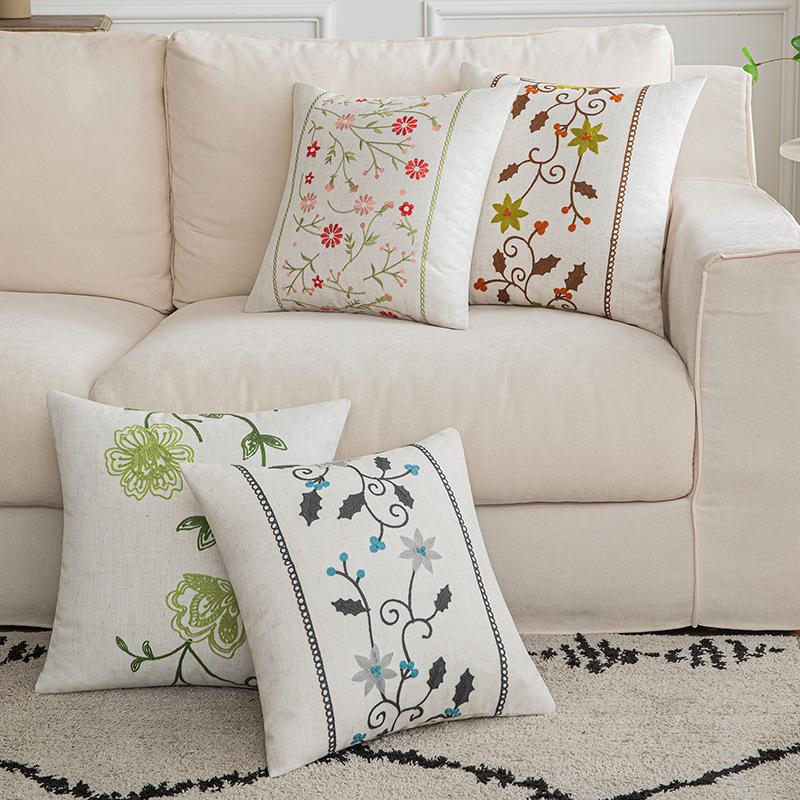 Embroidered Throw Pillow Covers Blossoms Decorative Pillowcases Farmhouse Cotton Pillow Cushion Cases Square Floral Pillow Case