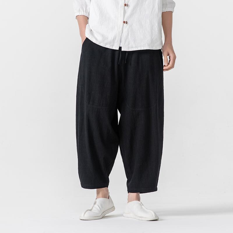 

2025 Летние мужские повседневные брюки Классические хлопковые льняные брюки в китайском стиле Длинные винтажные мешковатые брюки Harajuku Широкие брюки мужские брюки M чёрный