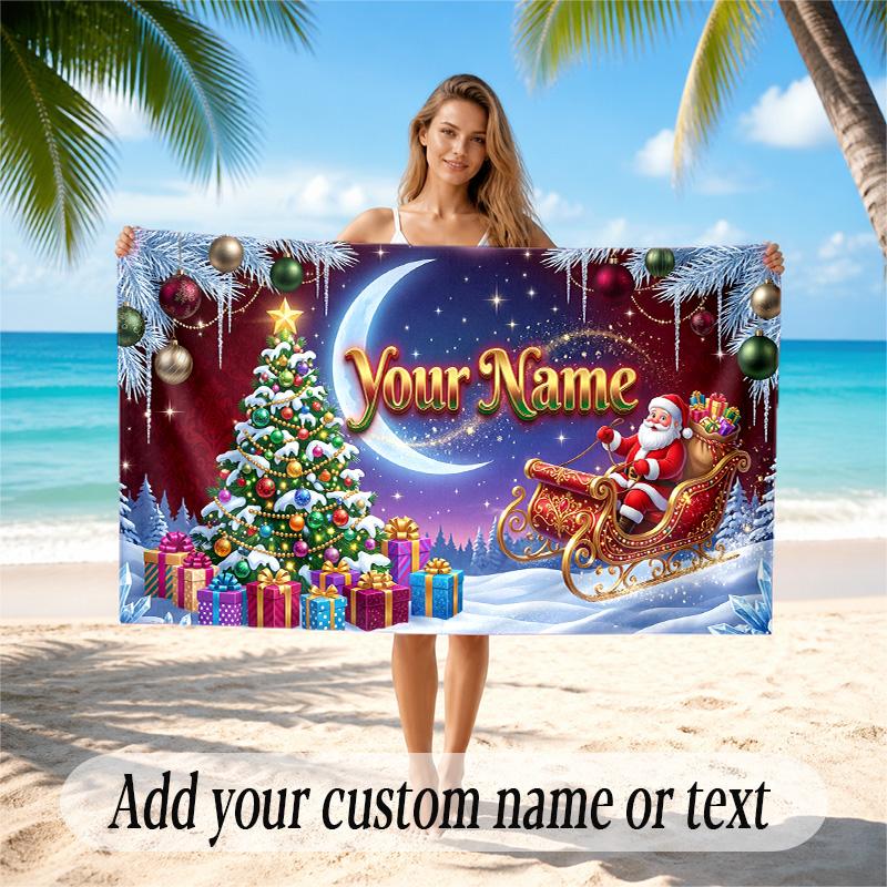 Christmas Theme Quick Dry Beach Towel Custom Name Text Print Large Sand Resistant Towel Beach Vacation