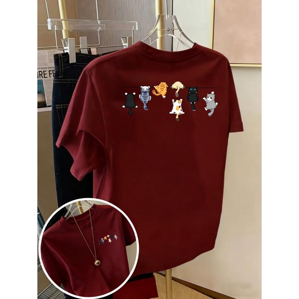 Cartoons Cats Prints T-Shirts Summer Womens Cotton T Shirts Basic O-Neck Oversized Short Sleeve Tops Casual Street Woman Clothes