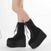 Women Wedge Boots Plush Warm Winter Boots Suede Women Mid-calf Boots Lace Up Gothic Boot 11cm Height Increasing Platform Booties