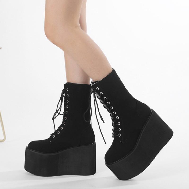 Women Wedge Boots Plush Warm Winter Boots Suede Women Mid-calf Boots Lace Up Gothic Boot 11cm Height Increasing Platform Booties
