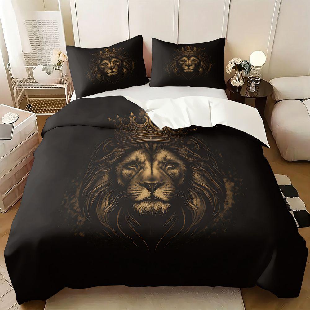 2/3Pcs Luxury Lion King Crown Duvet Cover Set(1 Duvet Cover & 1/2 Pillowcase) Soft Bedding Set Modern Home Bedroom Decor