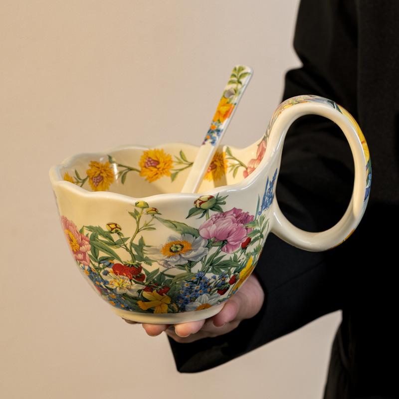 Baifenbai Home Furnishing Yellow Retro Crape Myrtle Flower Ceramic Tableware Set High Value Dish Set Household Vegetable Plate Soup Plate Rice Bowl Soup Gift