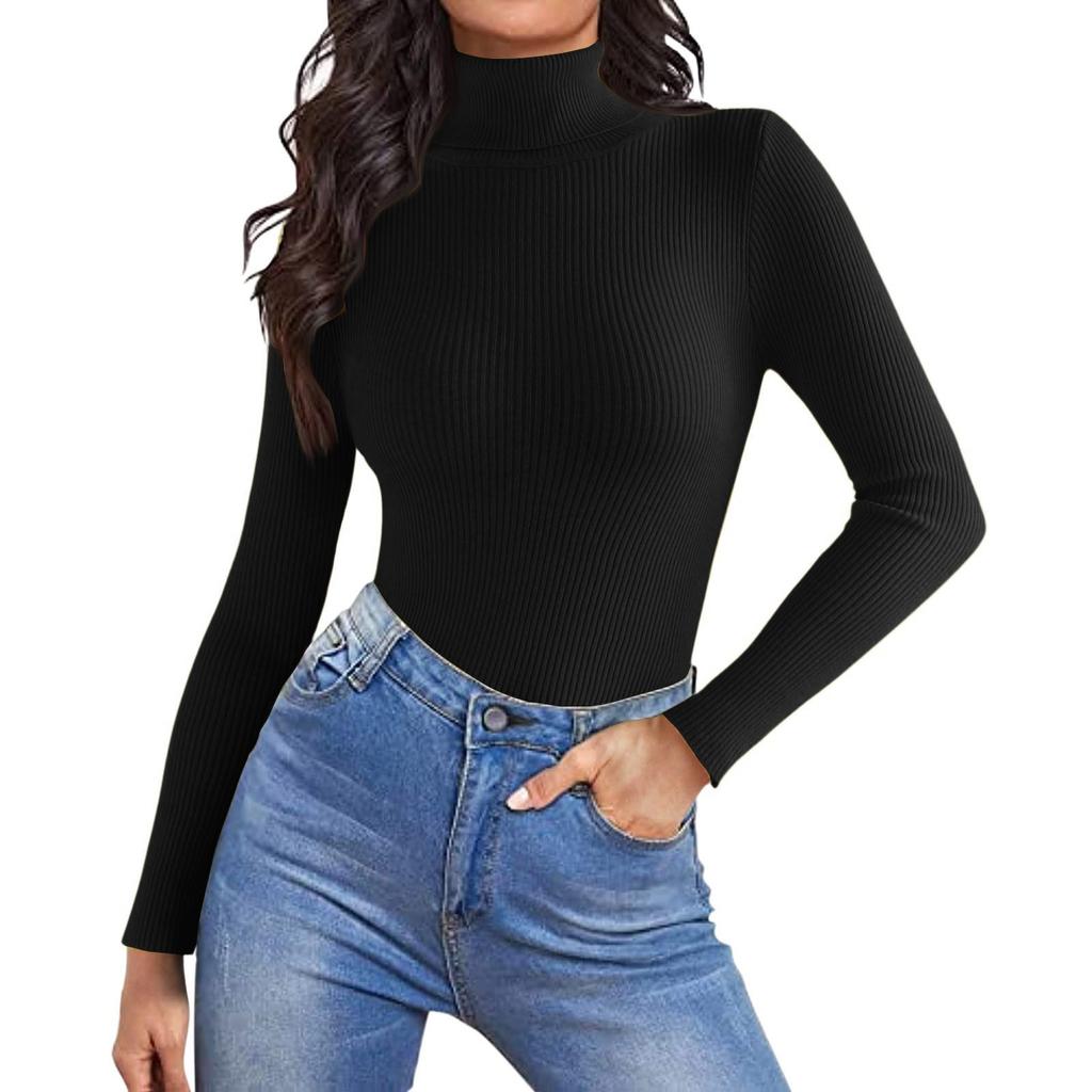 Women's Fashion High Neck Slim T-Shirt Long Sleeve Pullover Solid Colour Top