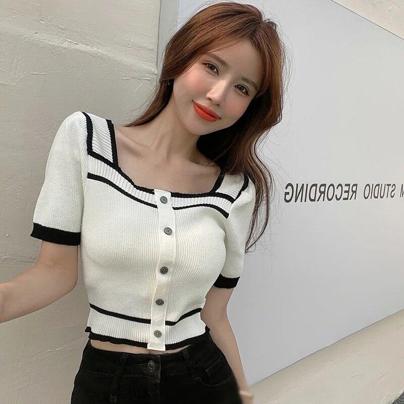 Damen Retro-Strick-Kurzarm-T-Shirt mit quadratischem Ausschnitt und Neckholder-Kurzoberteil