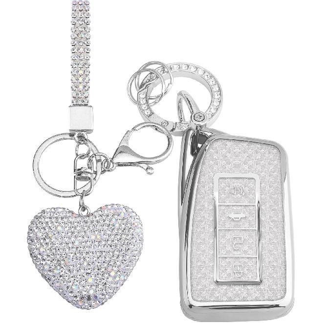 For Lexus Key Fob Cover with Diamond Heart Keychain, Car Accessories TPU for Lexus RX ES GS LS NX RS GX LX RC LC Smart Key, Silver Clear