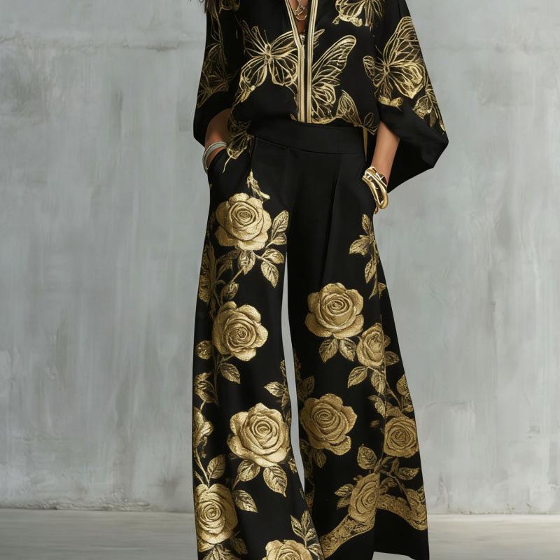 1116 New European and American Style Fashion Luxury Black Gold Baroque Print Nine-quarter Sleeve Wide-leg Pants Set Women's Two-piece Set