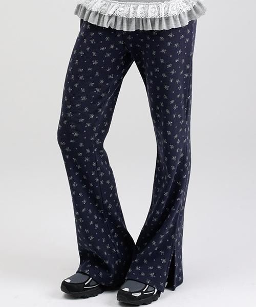 WHEN YOU MOVE Side Slit Waffle Bootcut Elastic Pants Black