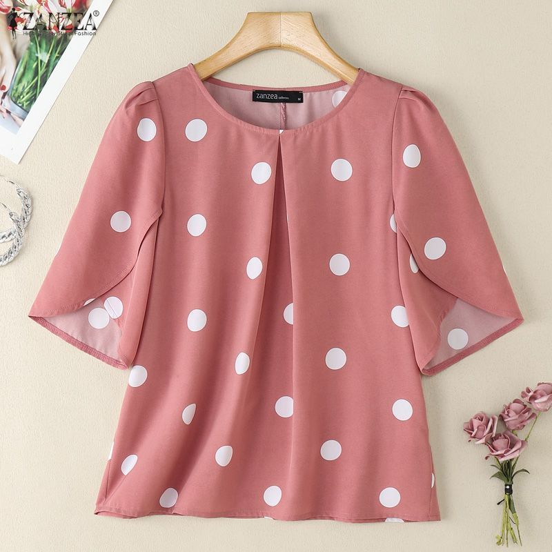 ZANZEA Γυναικείο Καθημερινό Καλοκαιρινό Μπλουζάκι με Στρογγυλή Λαιμόκοψη, Κοντό Μανίκι και Πουά