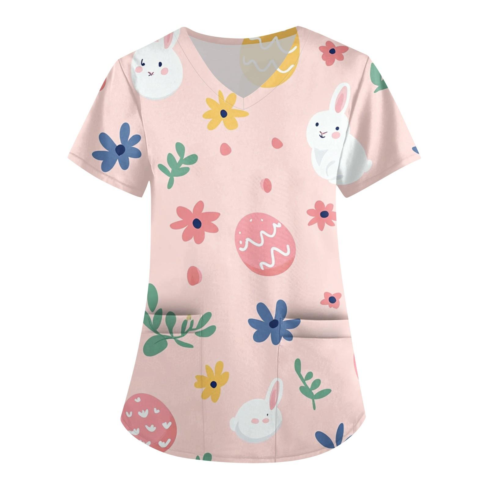 

Жіночий модний топ з V-подібним вирізом, короткими рукавами та кишенями, робочий одяг з великоднім принтом, одяг для догляду L рожевий