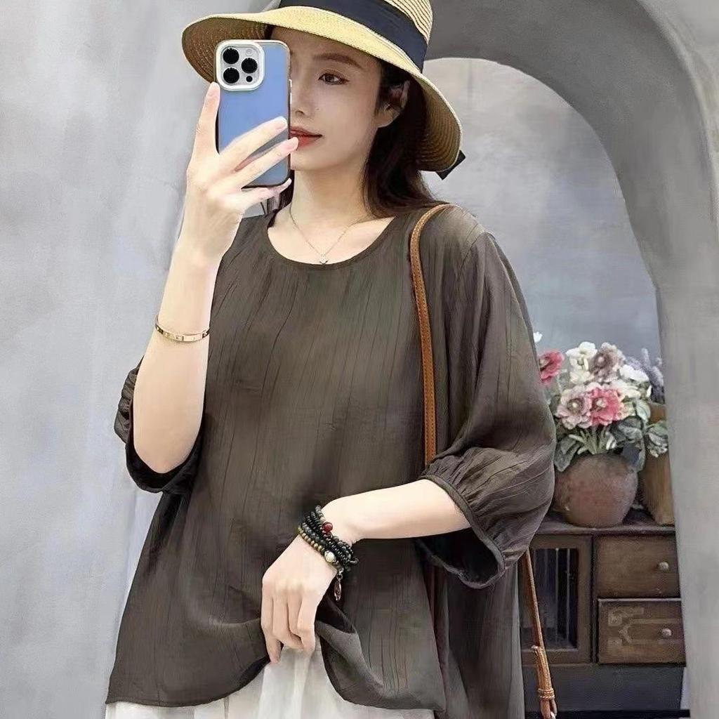 2024 Damen Tencel Baumwolle Leinen Mittellangärmelige Lockere Freizeitbluse mit Schlankmachender Bauchkontrolle für Mittelalte und Ältere