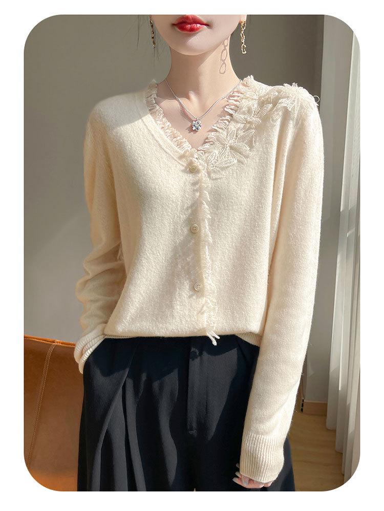 Three-dimensional Floral Knit Cardigan - Autumn/Winter Casual Loose V-neck with Cross Lace Long Sleeves