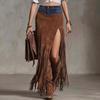 Women's Color Tassel-Patchwork Denim Asymmetrical Suede Midi Skirt