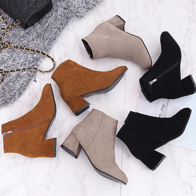 Women Ankle Boots Fashion Pointed Toe Matte Velvet Side Zipper with Thick Heel Medium Heel Plus Size