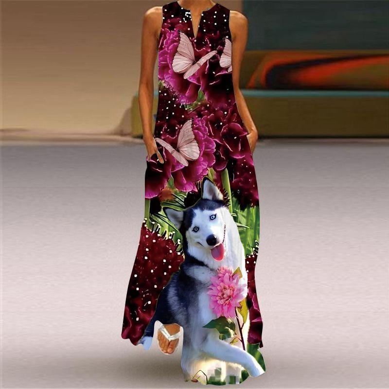 Fashion Style 3D Print Dress Animal Pattern Stage Show Stylish Clothing V Neck Sleeveless Pocket Maxi Dress
