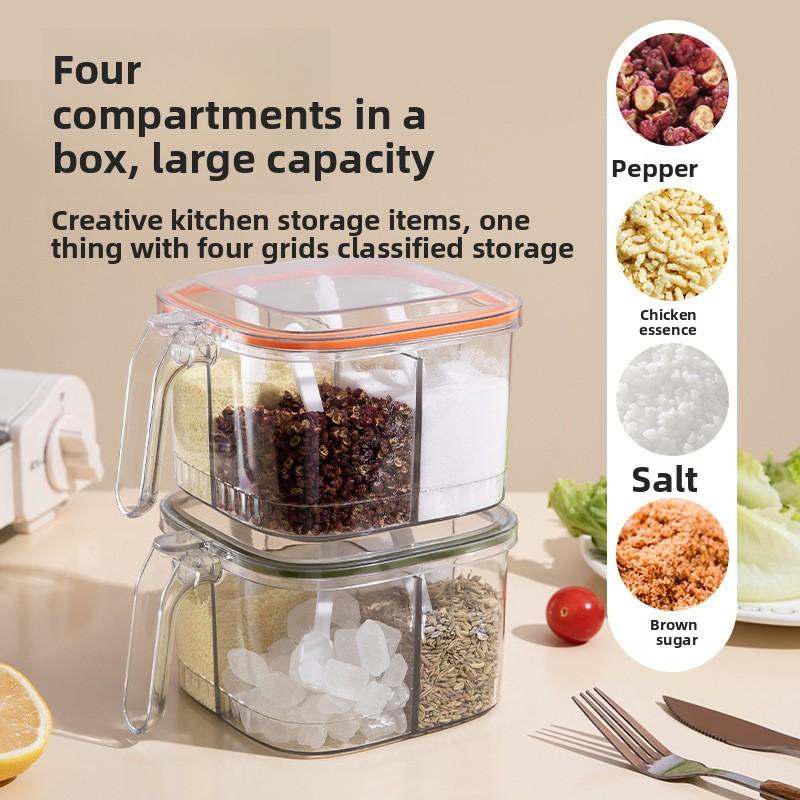 Four Compartment Kitchen Seasoning Box with Lid, Detachable and Washable for Solid Seasonings