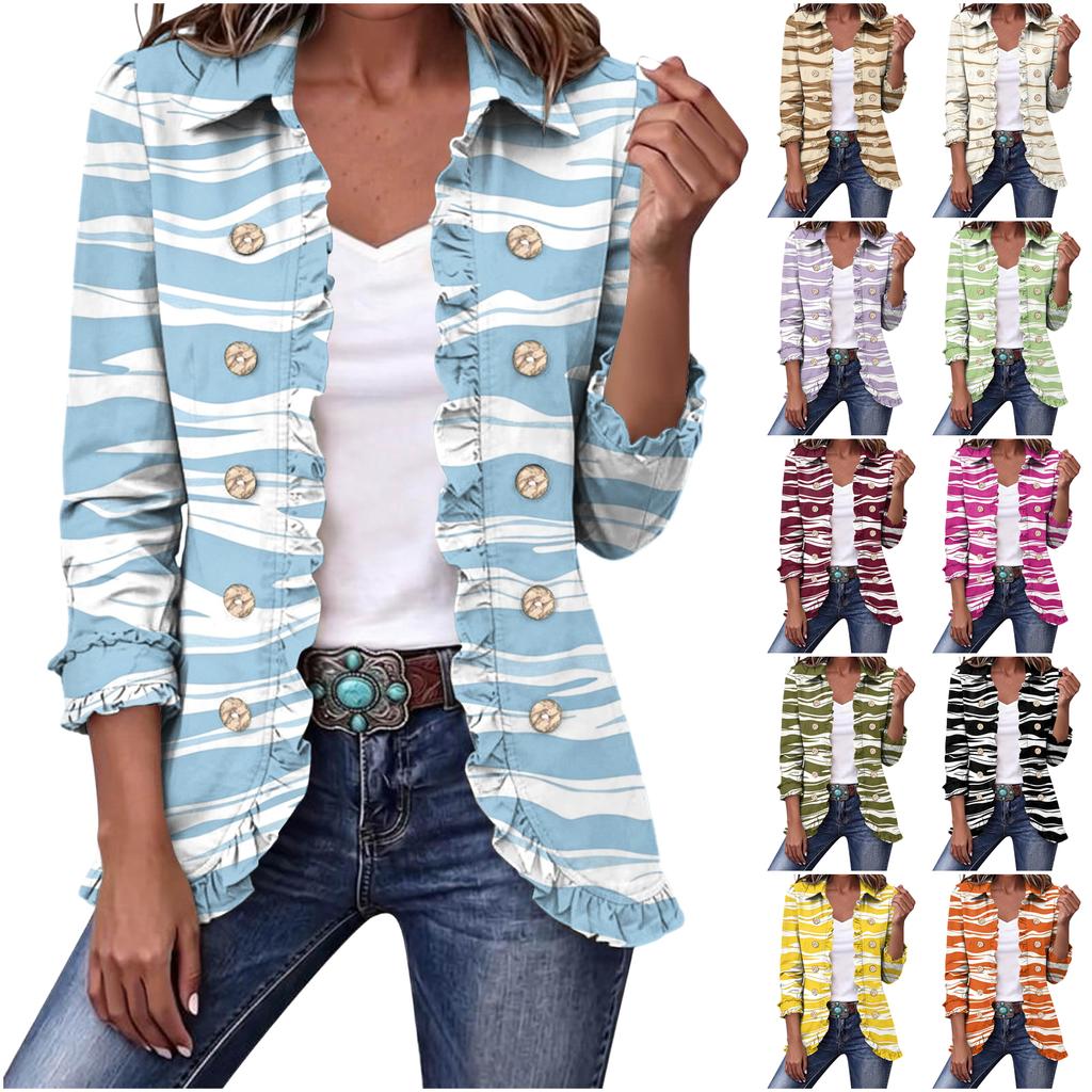 Women's Cropped Ruffle Hem Jacket, Lapel Collar Double-Breasted Outerwear for Casual Wear