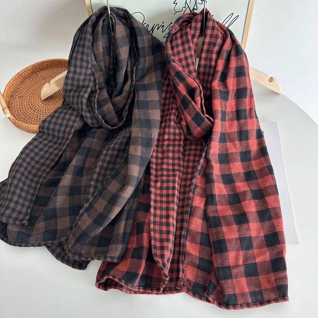 Korean Style Cotton Linen Double-sided Plaid Scarf Women Literary Retro Warm Scarf Female Shawl Decoration Ladies Winter Fall