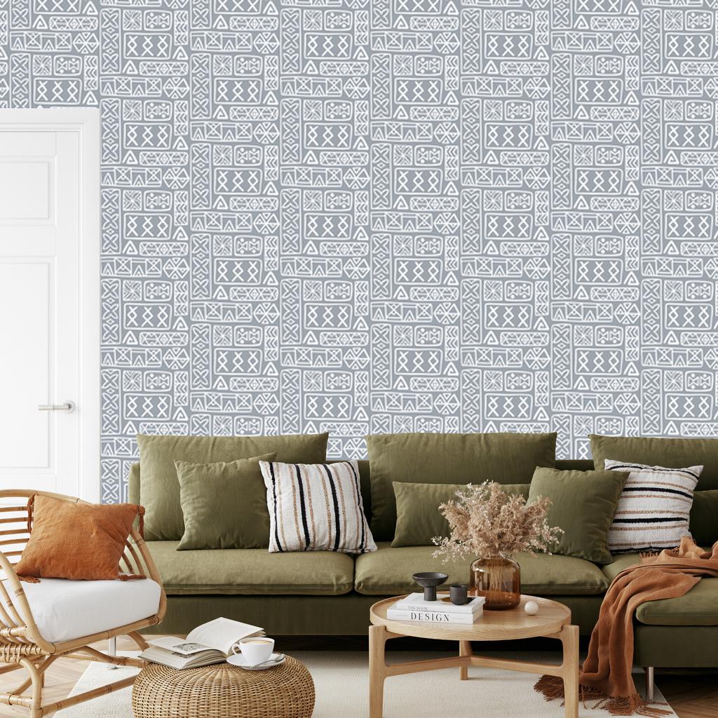 Polynesian Geometric Pattern Wallpaper Light Gray and Gray 50x1000