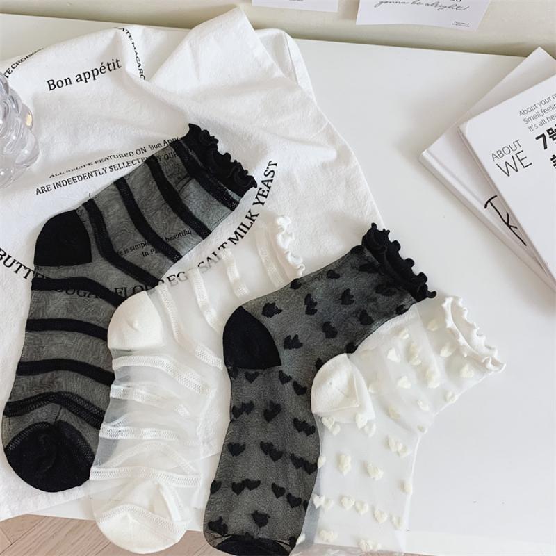 1 Pair Women's Lolita Summer Thin Crystal Glass Socks French Lace Ruffled Knee High Heart Stripes Sheer Mesh Socks for Girls