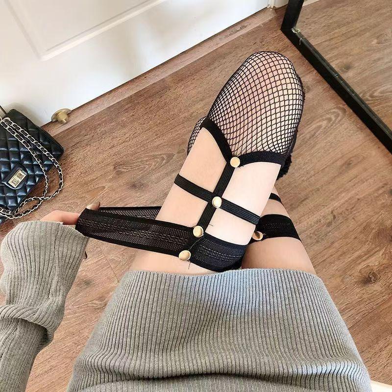 Ladies' Black Rivet Fishing Net Knee High Socks Hollow Socks Long Black Silk Suspender Sexy Silk Mesh Stockings