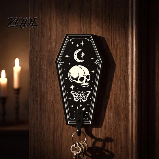 Entrance Hall Storage Halloween Gothic Wooden Wall Hook with Moon Star Skeleton Patterns, Decorative Retro Key Hanger for Bedroom Accessory