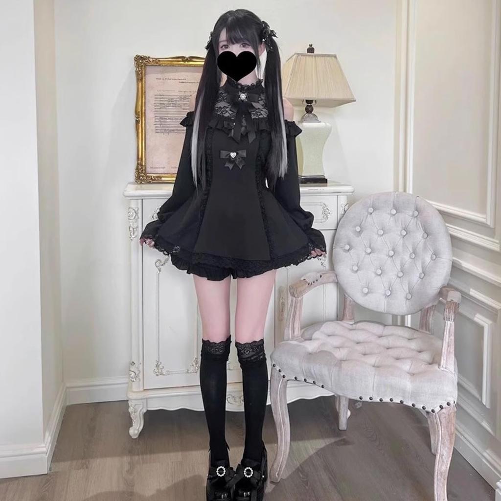 Qichenk Gothic Choker Neck Plus Long Gothic Size S Dress, Black, Size, Off-the-Shoulder, Sleeves, Lolita, Sexy, Simple, Cute, Hdjtz-black,