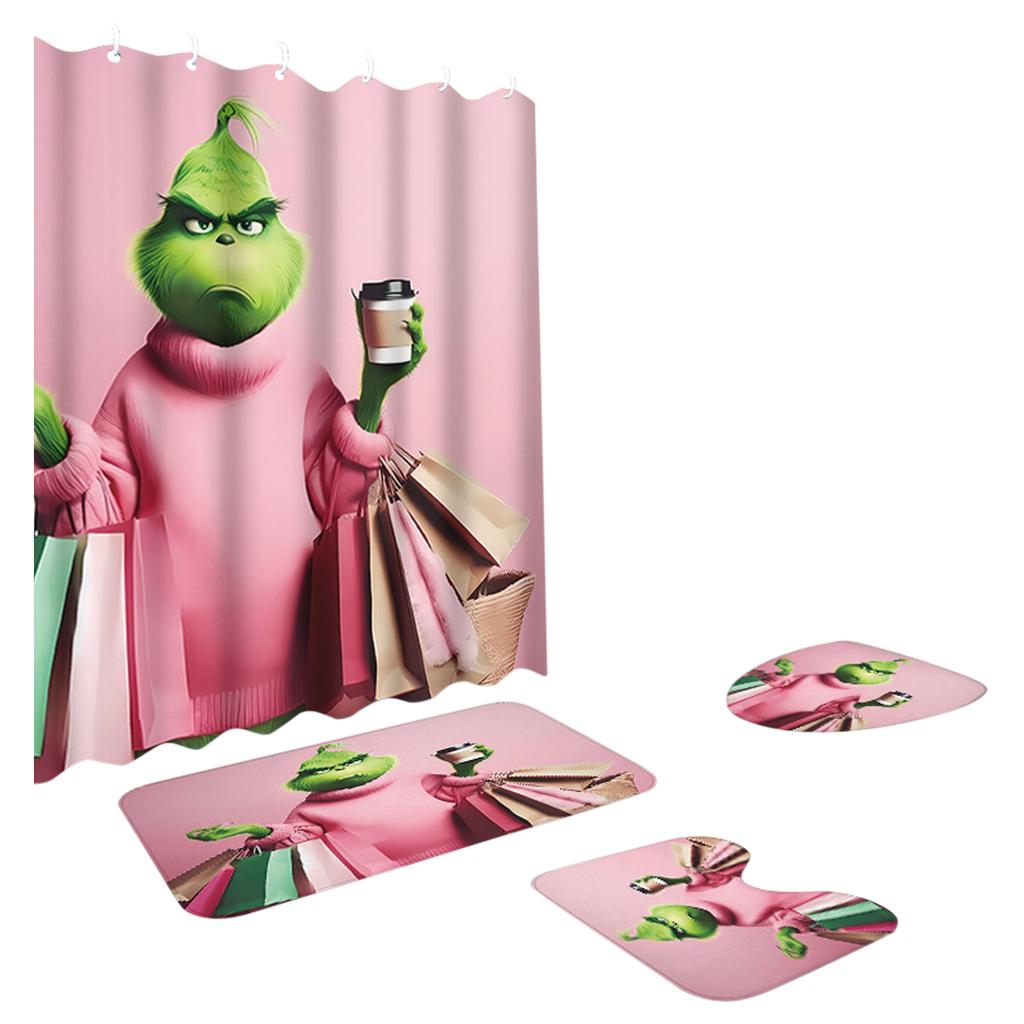 Greentown Series Shower Curtain Floor Mat Four Piece Set, Home Bathroom Dry Wet Separation Partition Shower Curtain Waterproof Shower Curtain
