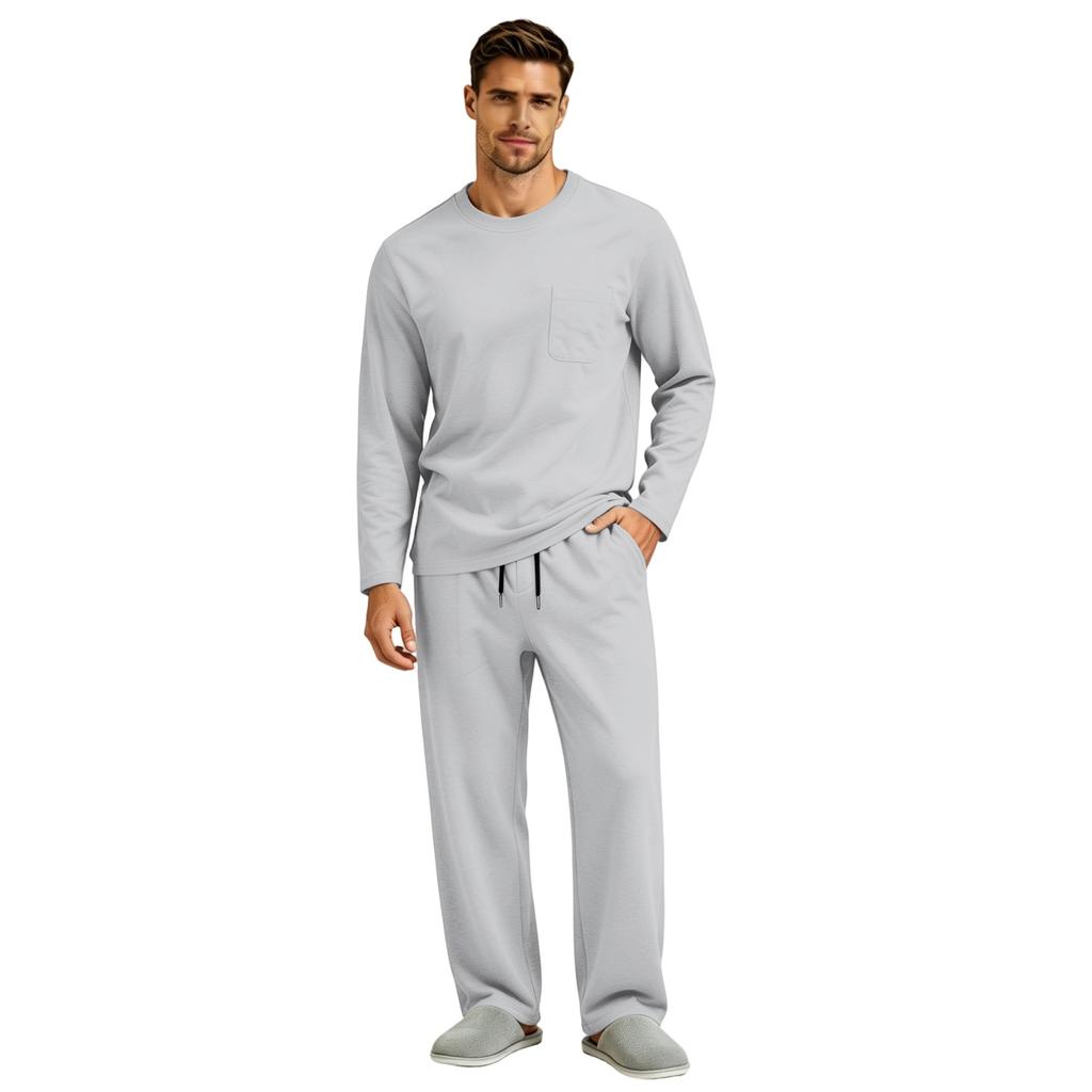Men's Long Sleeve Pajama Set with Button Fly and Elastic Drawstring Waist for Sleep and