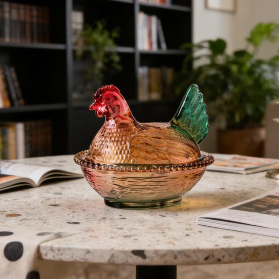Szklana miseczka na cukierki w kształcie kurczaka z pokrywką, wzór zwierzęcy, naczynie na przekąski, desery, owoce, sałatki, dekoracja na stół do domu, kuchni