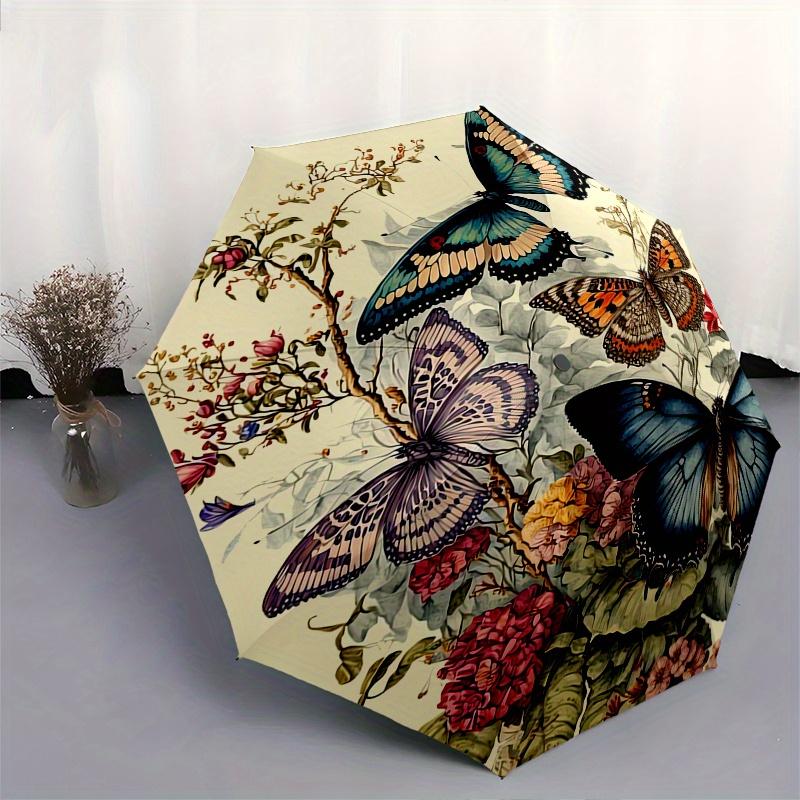 Butterflies, Flowers Theme Automatic Open/Close Umbrella, Portable 3 Fold Compact Umbrella for Men & Women, Valentine's Day Mother's Day Gift0725047