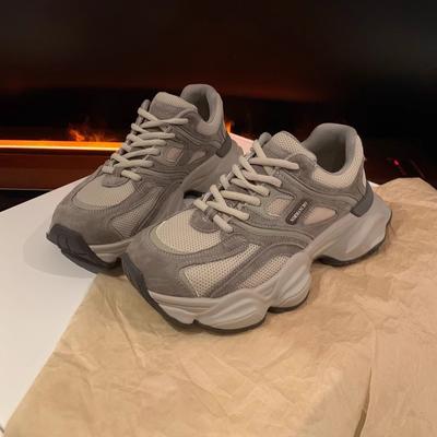 Leather Stitching Mesh Breathable Increased Round Head Soft Bottom Gray Dad Shoes Spring New for Women