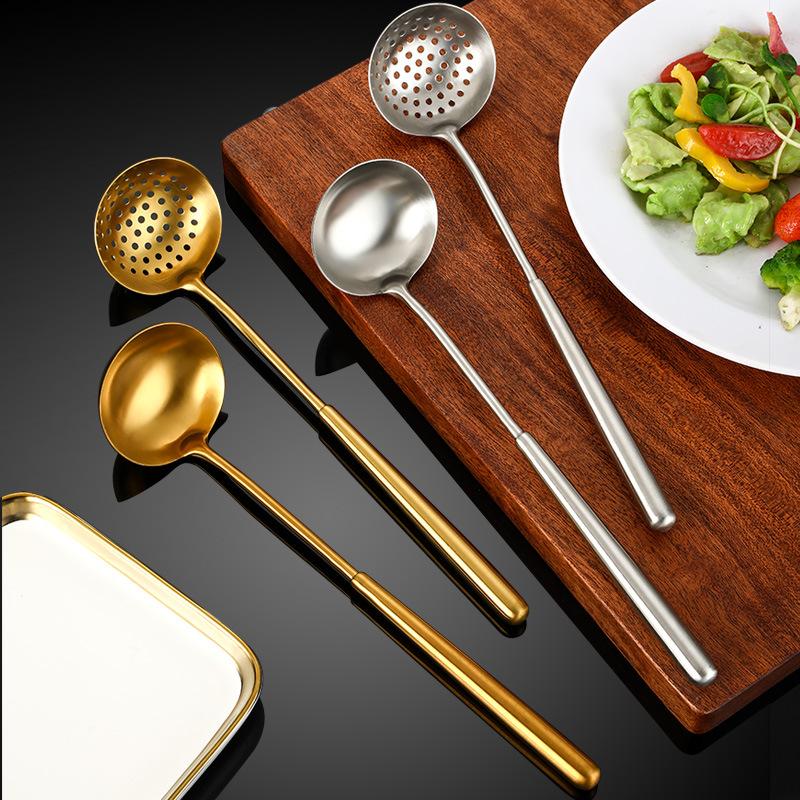 Golden 304 Stainless Steel Colander Spoon for Kitchen Long Handle Ladle Anti-scalding Restaurant Food Oil Fitlter Household