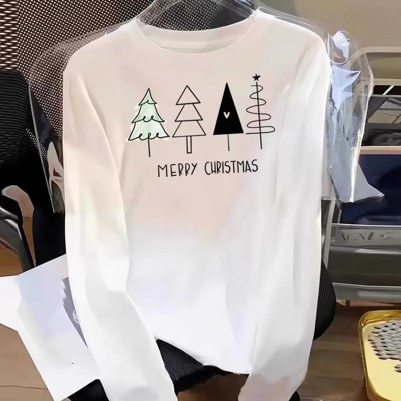 (Asian Size) Tree Watercolor Cute Graphic Tee Women Print T Shirt Christmas New Year Autumn Winter Casual Fashion Top Clothing Long Sleeve T-shirts