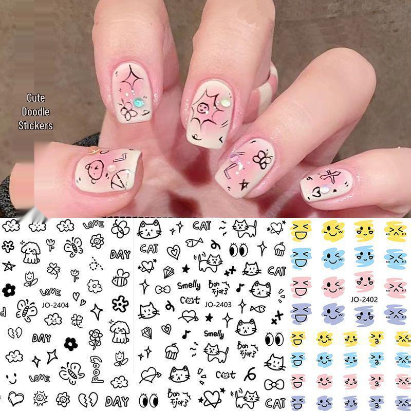 Cartoon Graffiti Nail Stickers: Kitten, Rabbit, Puppy, Starburst, Butterfly Designs with Adhesive