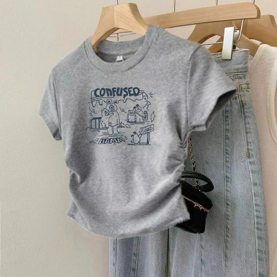 

FFF Женская футболка больших размеров с коротким рукавом в корейском стиле - Повседневный, стройнящий и универсальный топ Small серый