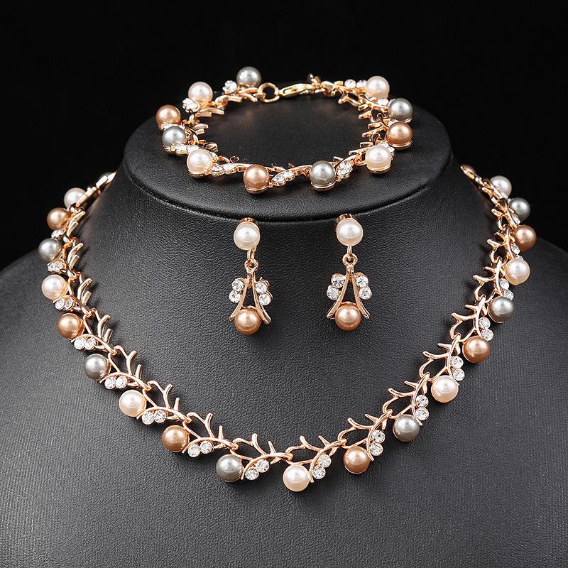 Korean Version of Pearl Necklace Earrings Set Bridal Dress Versatile Accessories Small Fresh Alloy Electroplating Three-piece Set